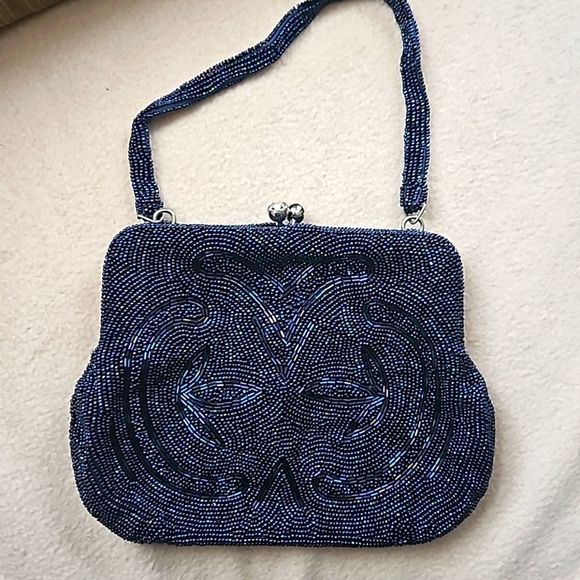 Vintage beaded wristlet clutch in irridescent indigo w crystal clasp - Picture 1 of 7